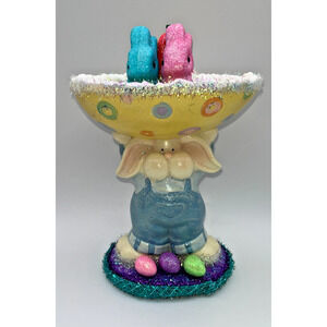 Vintage Pastel Ceramic Glittery Easter Bunny Holding Egg & Peep Bunnies OMG OOAK